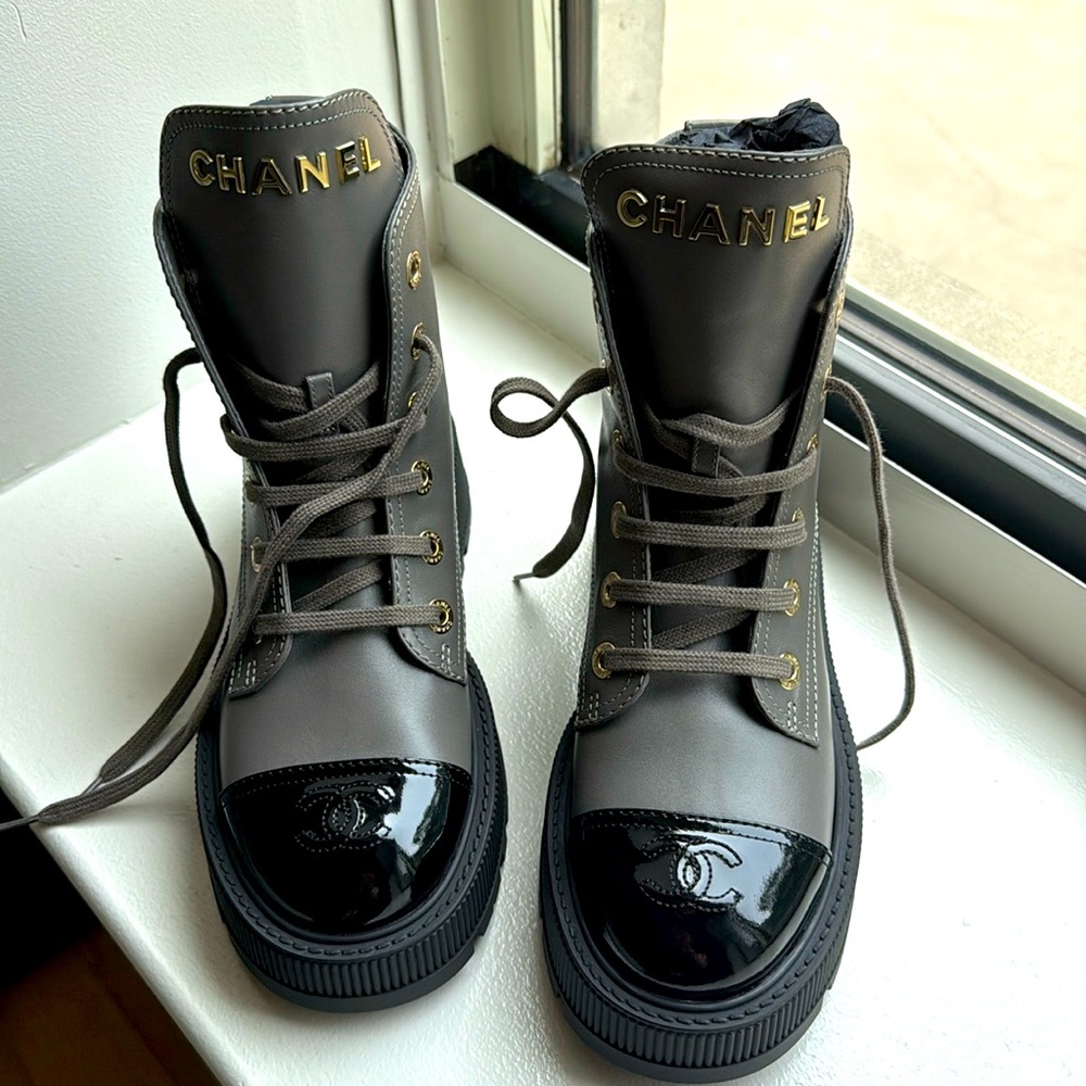 CHANEL Black and Gray Lace-Up Combat Boots